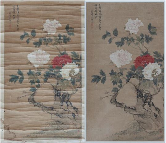 恽冰牡丹图立轴修复前后.jpg